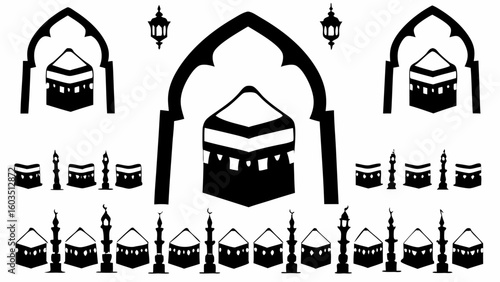 Illustration of mecca structures with arches and lanterns in a black and white islamic design pattern silhouette
