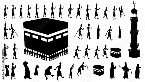 Silhouettes depicting hajj pilgrimage rituals around the kaaba and a minaret in mecca saudi arabia
