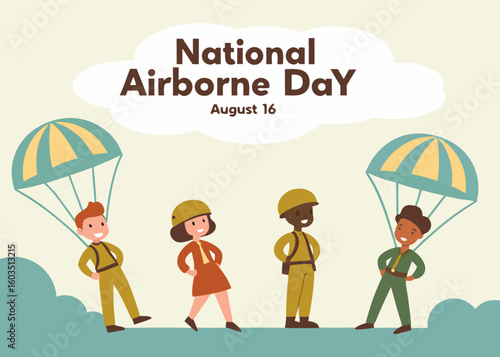 group of smiling paratroopers from diverse backgrounds standing proudly with parachutes behind them, ideal for unity-focused national airborne day designs.