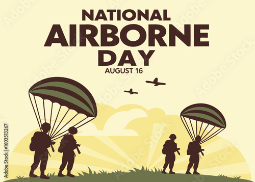 a flat illustration showing troops preparing for an airborne jump at sunrise, great for event posters, flyers, and commemorative national airborne day graphics.