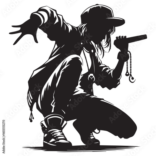 Dynamic Female Rapper Silhouette Illustration with Microphone