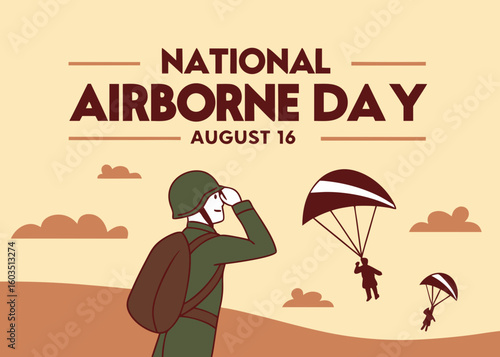 vector art of a veteran paratrooper saluting in front of airborne troops mid-jump, fitting for educational, military, and national airborne day tribute visuals.