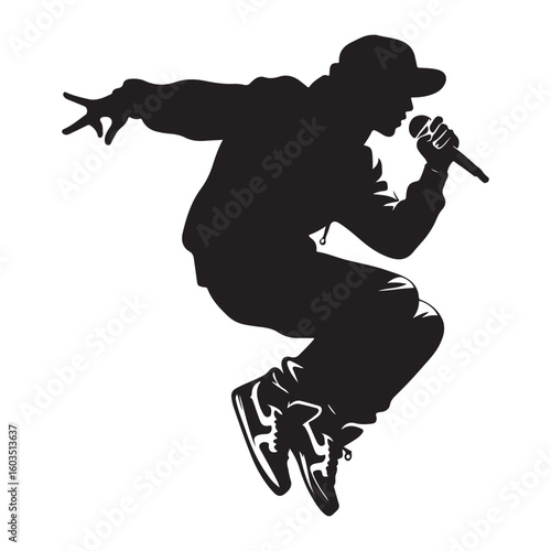 Energetic Rapper Silhouette Performing with Microphone in Concert Stage
