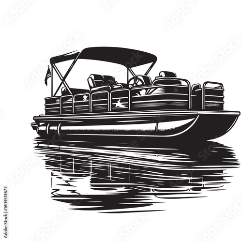 Detailed Silhouette Illustration of a Pontoon Boat on Calm Waters