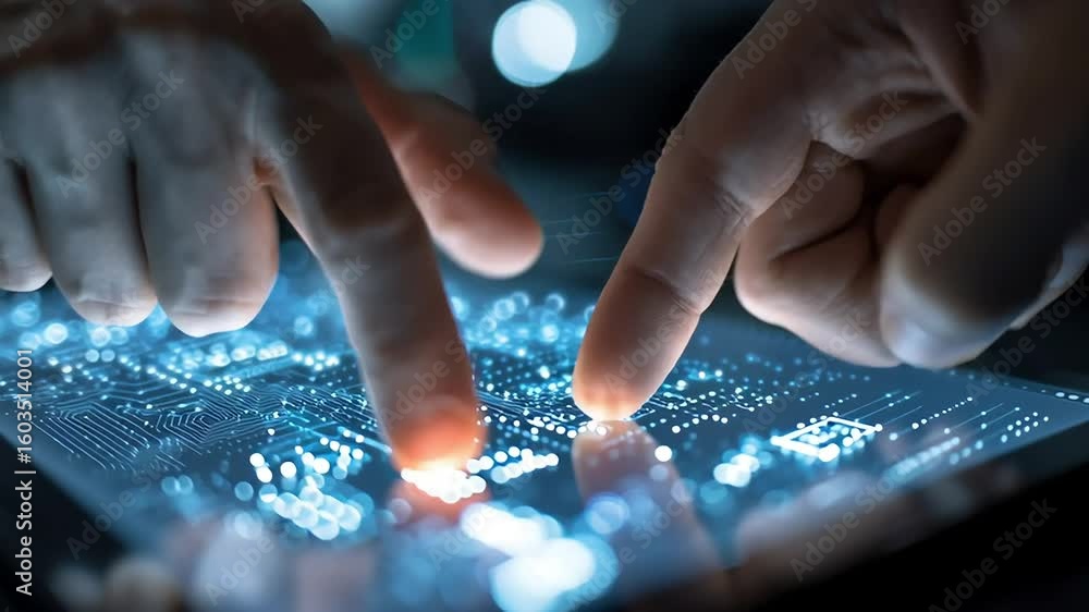 Touching Digital Circuit Board on Modern Transparent Screen Device with ai generated Touching Digital Circuit Board on Modern Transparent Screen Device with ai generated