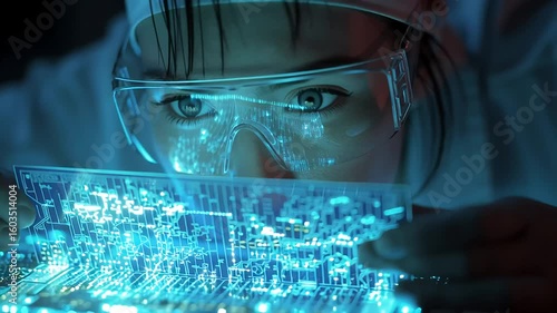 Wallpaper Mural Young Woman Analyzing Digital Data with High-Tech Glasses in Focus with ai generated Torontodigital.ca