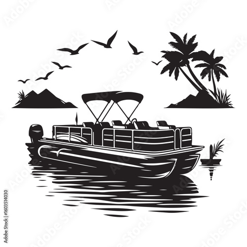 Pontoon Boat Silhouette on Calm Water at Tropical Island