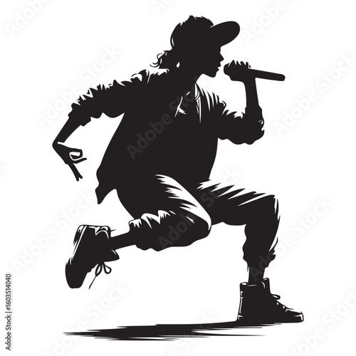 Dynamic Rapper Silhouette Performing with Microphone in Energetic Stance