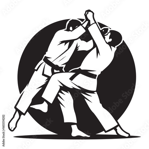 Martial Arts Combat Illustration in Black and White Style