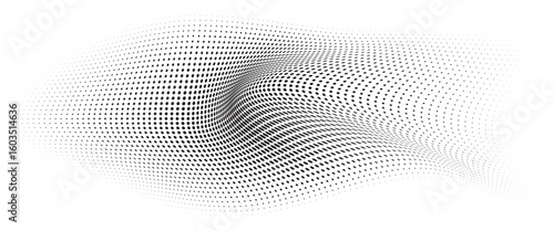 Flowing Wave Dot Halftone Pattern: Curve Gradient Shape on Transparent Background. Suitable for AI, Tech, Network, Digital, Science, and Technology Themes.