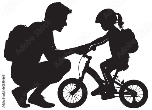 Father Teaching Child Biking Silhouette Illustration on Road