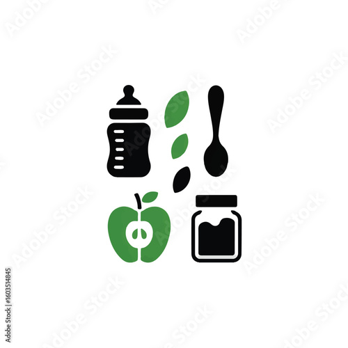 Collection of baby food icons including a bottle spoon apple puree jar and green leaves representing healthy nutrition