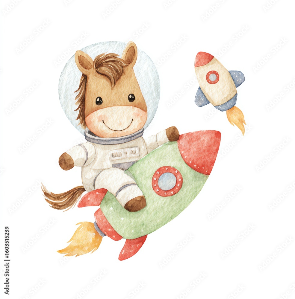 Fototapeta premium Cute Horse Astronaut Riding Rocket