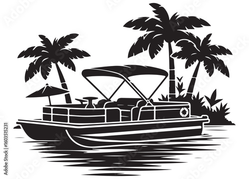 Recreational pontoon boat anchored near tropical palm trees shore