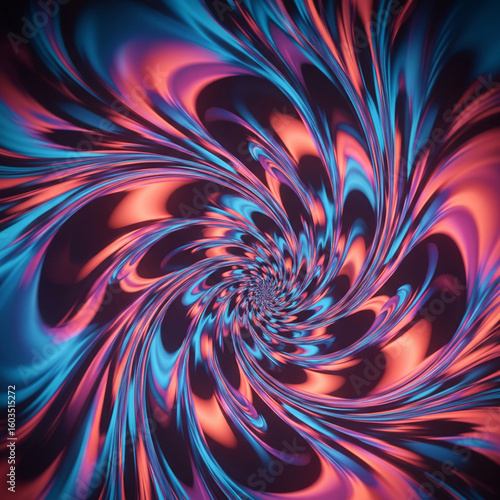 Psychedelic Swirl Photo. Hypnotic Abstract Pattern with Vibrant Orange, Pink, and Blue Colors Swirling. Hallucinogenic, Energy, Motion, Art, Background.
