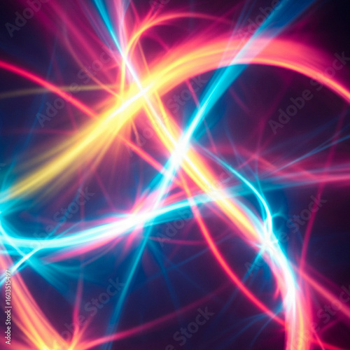Abstract Light and Energy Vortex Photo. Intertwining Bright Blue and Orange Lights Forming an Abstract Swirl of Energy and Motion. Future, Technology, Sci-Fi, Explosion, Dynamism.

