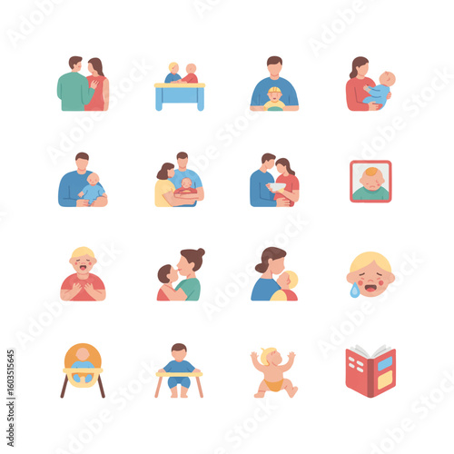 Collection of flat design icons representing family life stages from childhood to adulthood and parenthood