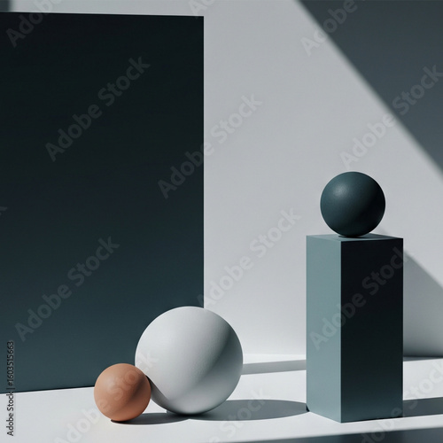 Geometric Minimalist Composition Photo. Minimalist Arrangement of White and Black Geometric Spheres and Blocks. Design, Art, Simplicity, Space, Abstract.
