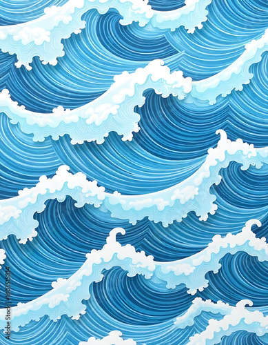 Stylized illustration of repeating ocean waves with white foam crests, creating a seamless pattern of blue and white.