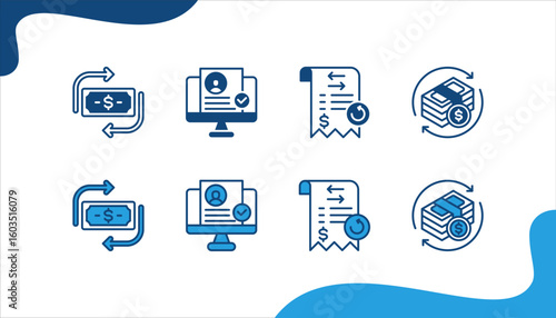 Digital banking icon set with Money transfer, Verified account, Transaction history, Money flow.