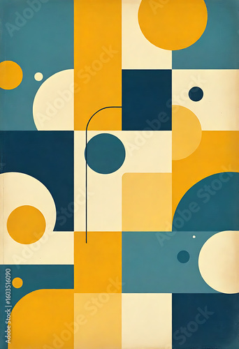 Abstract geometric composition featuring circles, semi-circles, squares, and rectangles in a color palette of blue, yellow, and cream.