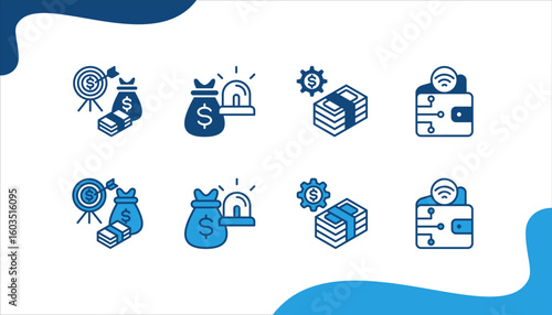 Digital banking icon set with Financial goals, Emergency fund, Management, Digital wallet.