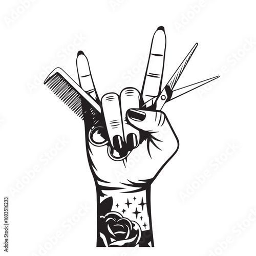 Hand making rock on gesture with comb and scissors representing hairstylist barber profession and creative passion