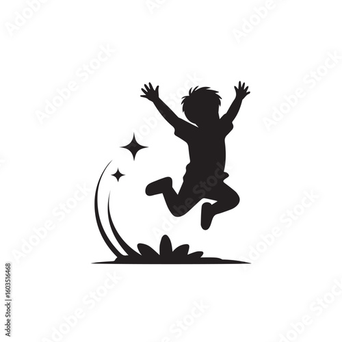 Joyful silhouette of a young child jumping high in the air with stars and leaves creating a magical celebratory moment