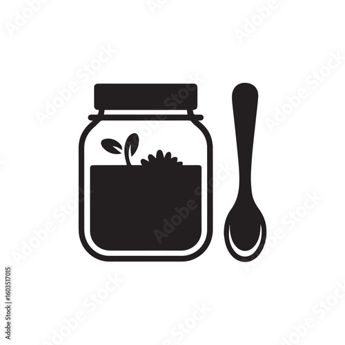 Simple black silhouette icon of a glass jar filled with sprouting seeds next to a spoon on a white background