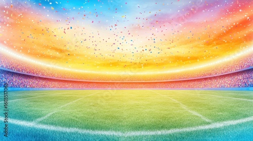 Vibrant stadium field celebration digital illustration. Stadium and arena event with confetti, crowd, sports and competition. Festive, colorful, modern design, perfect for tournament or championship