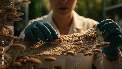 Scientist in blue gloves inspects mycelium growth on a mushroom cultivation substrate in a laboratory setting