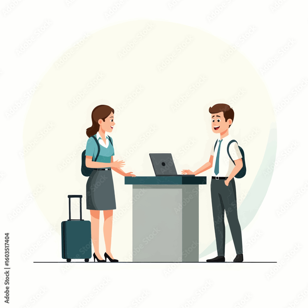 Airport Staff Assists Passenger at Check-In Desk with Luggage Airport Staff Assists Passenger at Check-In Desk with Luggage