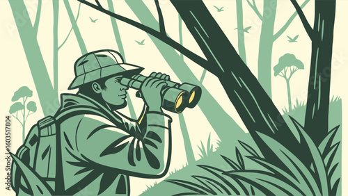 A Person Observing Nature Through Binoculars in the Forest.