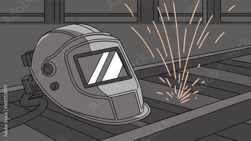 Cartoon Welding Helmet with Sparks on Metal Structure Illustration.