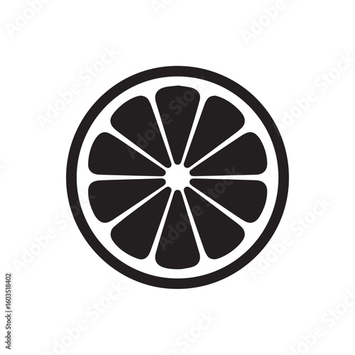 Stylized black and white graphic icon of a citrus fruit slice with segments clearly defined