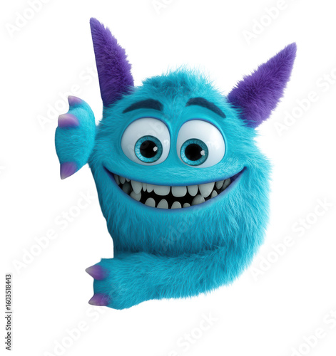 Adorable blue furry monster waving hello with a big smile, perfect for kids' content and playful designs