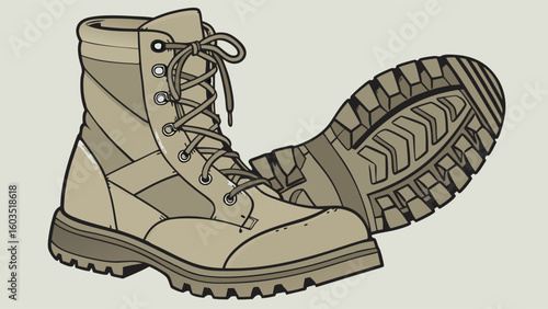 Detailed Illustration of Two Tan Combat Boots with Laces.