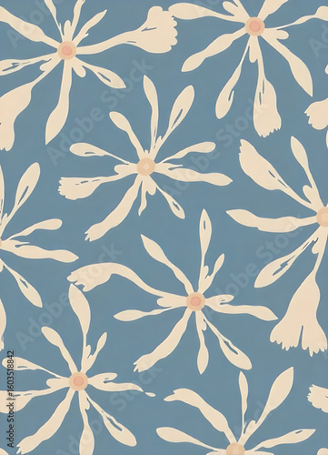 Floral pattern featuring stylized, off-white flowers with peach centers against a muted blue background, creating a repeating design.