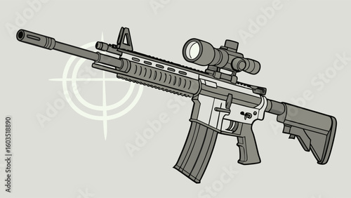 Gray Assault Rifle with Scope and Targeting Reticle.