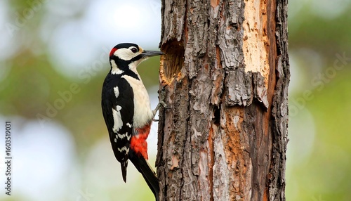 A woodpecker on a tree trunk