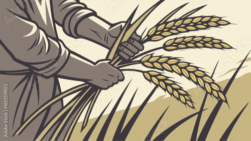 Hands Holding Wheat Sheaf in Field Illustration.