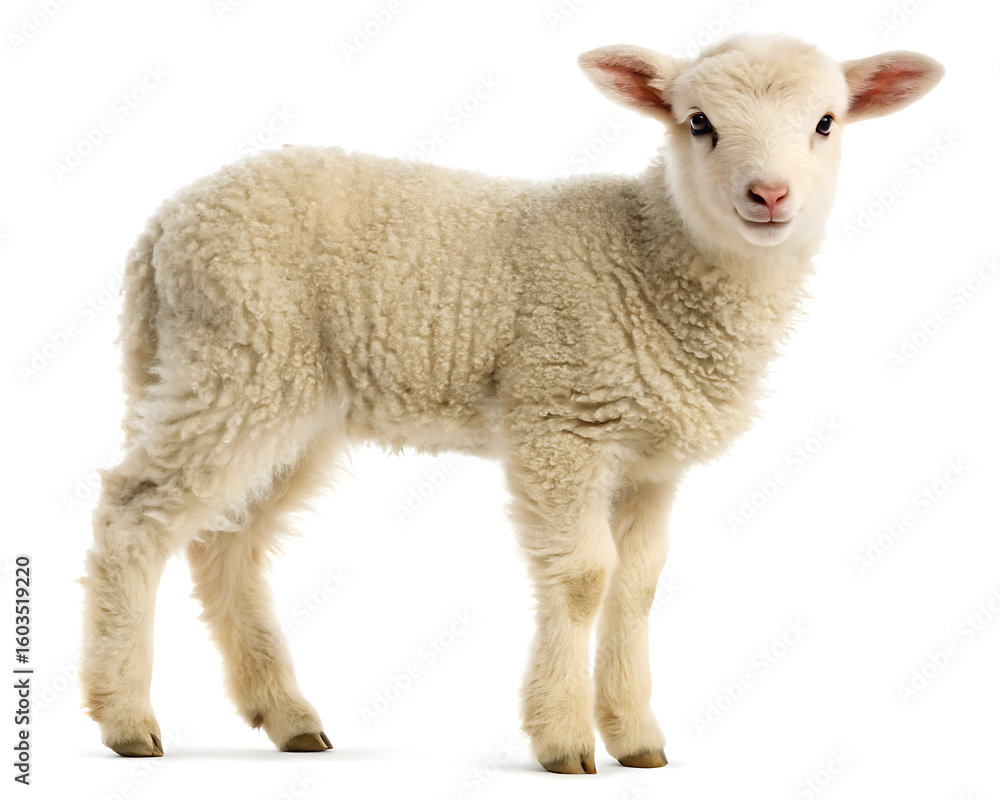 Fototapeta premium A fluffy lamb standing on a white background looking directly at the camera with a gentle expression