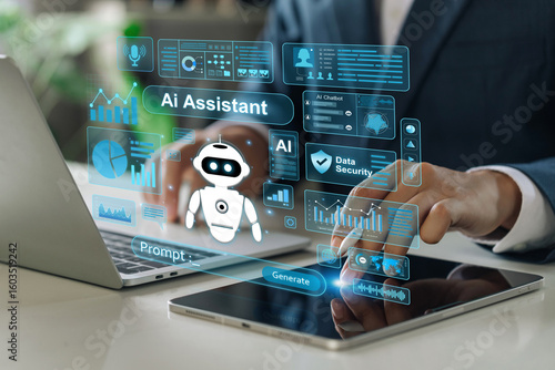 Businessmen use AI agent technology for enhanced work efficiency, data analysis, research, planning, AI assistants for graphic design, language translation, chatbots, generate images, manage content.