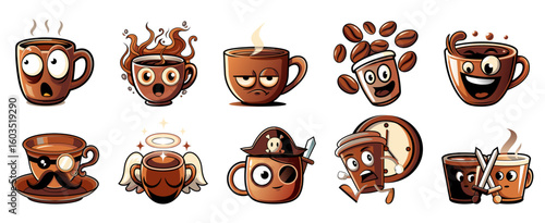 A vibrant set of cartoon coffee cups, each with a unique expression—surprised, angelic, pirate, energetic & more. Ideal for quirky mugs, t-shirts, stickers, and fun café-themed designs.