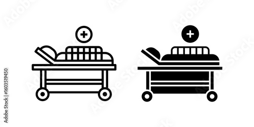 Medical bed icon set. featuring a simple hospital bed with plus sign as healthcare symbol in outline and solid style. Suitable for medical design, healthcare, or hospital.