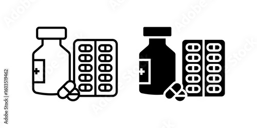 Medicine icon set. A simple, clear outline and solid filled icon showing a medication bottle and pills blister pack. Suitable for illustrating medical, health, and pharmaceutical related topics.