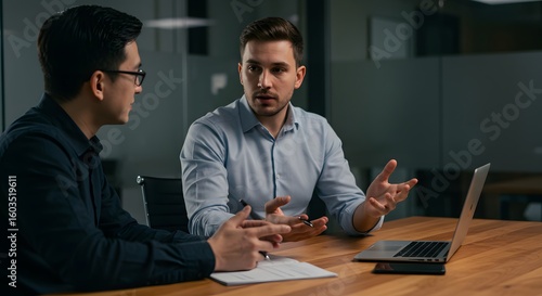 Young team leader discussing performance goals with junior employee in a private, softly lit tech office, seated at wooden table, shot with 85mm lens, sharp focus on body language and hands.