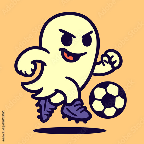 A ghost dribbles a soccer ball with a confident smirk, wearing spooky cleats and flaunting funky cartoon style against a plain background.