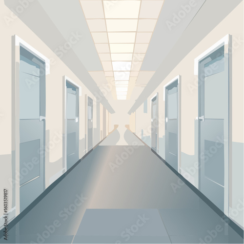 Illustration of a long, empty hallway with closed doors and a bright light at the end.