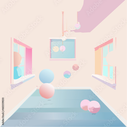 Abstract pastel room with floating spheres, two windows showing outside views, and a hanging light fixture.